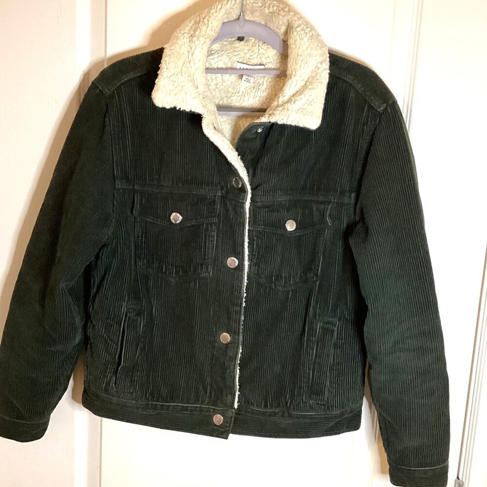 Topshop Green Corduroy Bomber Jacket Sherpa Lined Size S